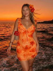 Plus Size Summer Casual Floral Dress, Slimming V Neck Ruffle Strapless Skirt, Beach Vacation Style Sexy Short Dress