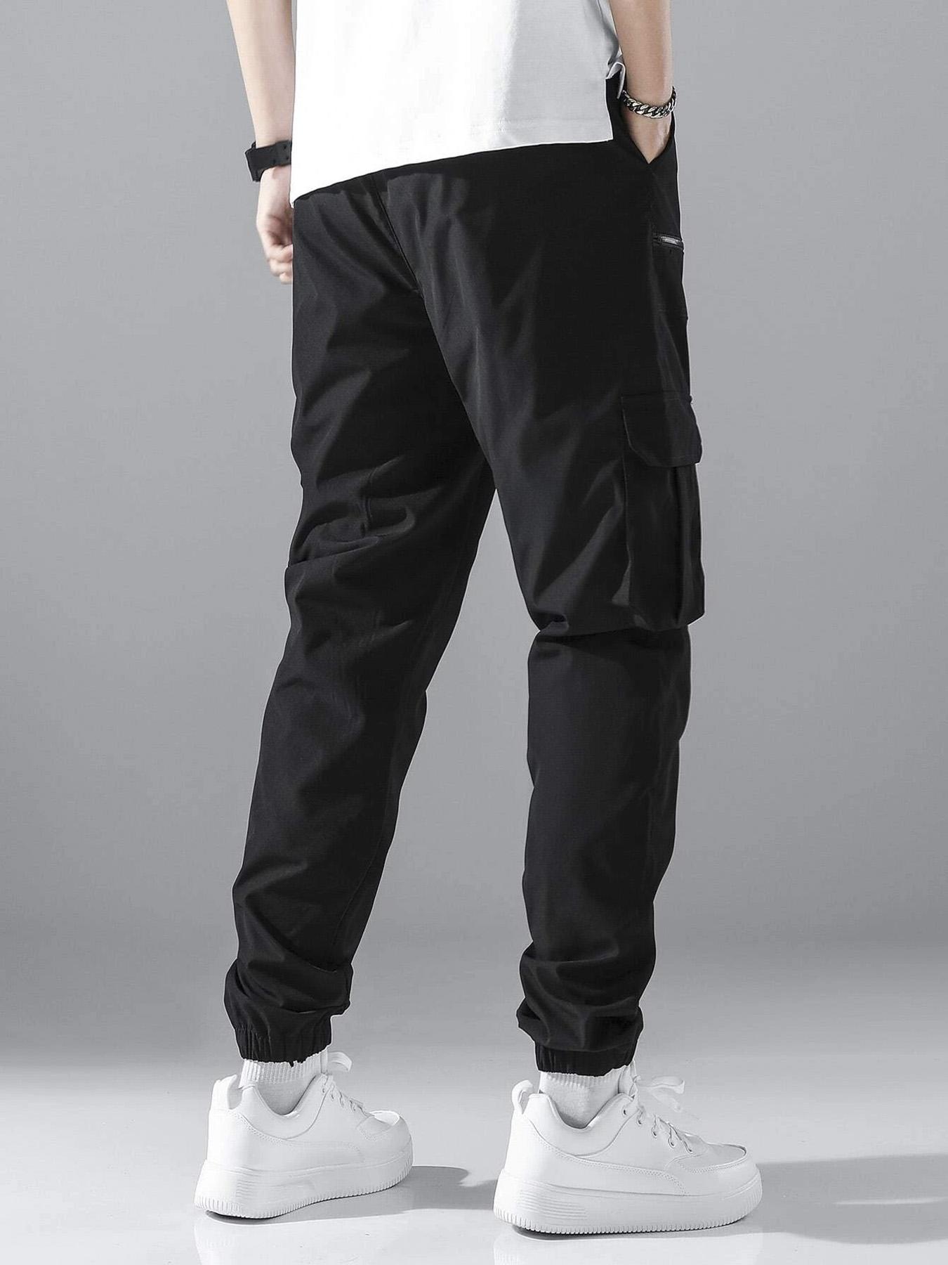 Men's Loose Solid Pocket Drawstring Waist Cargo Pants, Street Fashion Zipper Jogger Pants For Daily Wear, Casual Men's Trousers For All Seasons