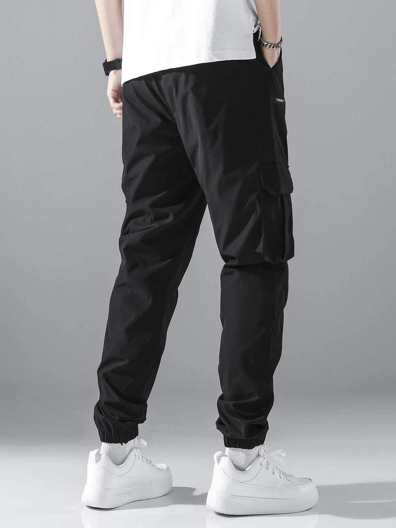 Men's Loose Solid Pocket Drawstring Waist Cargo Pants, Street Fashion Zipper Jogger Pants For Daily Wear, Casual Men's Trousers For All Seasons