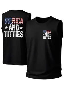 Men's Cotton Sleeveless Tank Top - "“Merica And Titties”" — Punk Printed Style. This Is A Casual Item Suitable For Both Men And Women, Especially Perfect For Spring And Summer; The Cool Print And Classic Crew Neck Cut