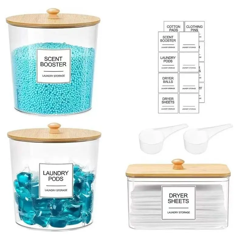 3 Pack Laundry Storage Containers Clear Plastic Detergent Jars with Lids Spoons Labels for Detergent Powder Dryer Balls Laundry Pods Organizer for Kitchen Countertop Container Set