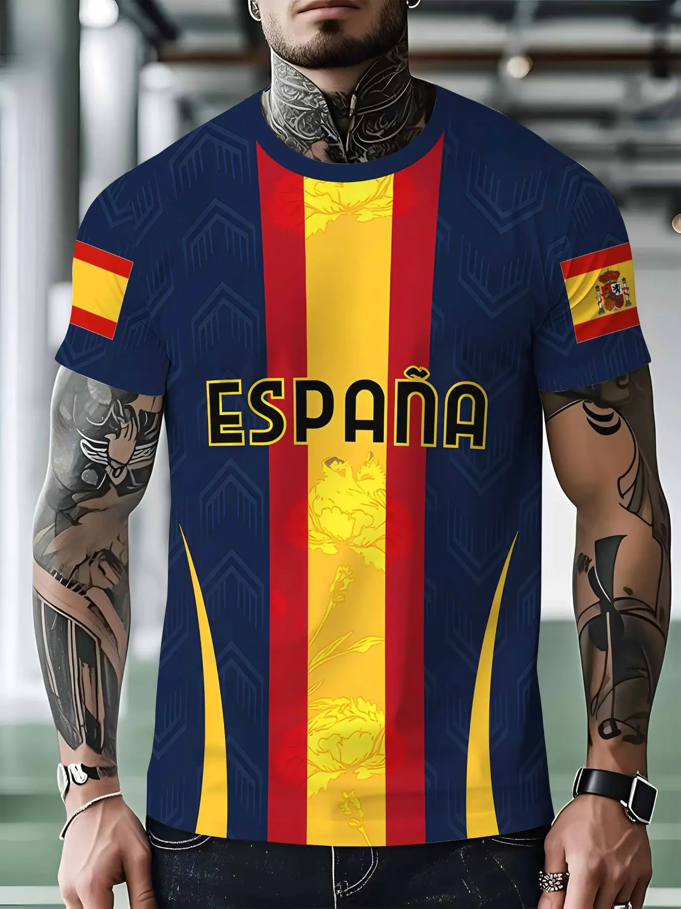 Men's Long Print T-Shirt, Loose-Fitting Casual Top, Casual Sports Tops, All-Season Sports Training Wear, Full-Body Print, Spain Theme, Short Sleeve