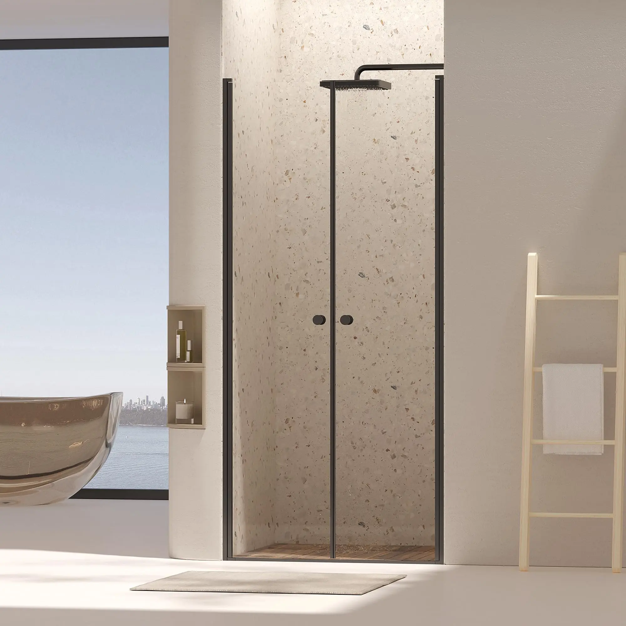 Nokaa Frameless Pivot Shower Door 34" x 72" Clear Tempered Glass with Explosion-Proof Film, Reversible Swing, Brushed Nickel Accents, Matte Black Hardware, Modern Bathroom Shower Door