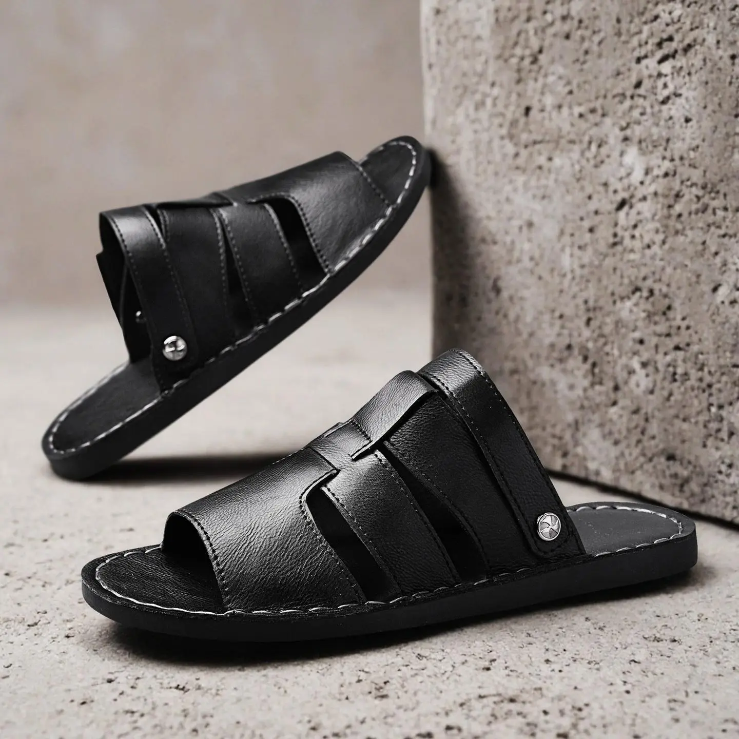 Men's Retro Leather Slip-On Ankle Sandals - Hand-Stitched, Wide-Fit, Minimalist, Hollow-Out Design, Non-Slip Rubber Sole, Comfortable Casual Big Size Outdoor Slippers, Black