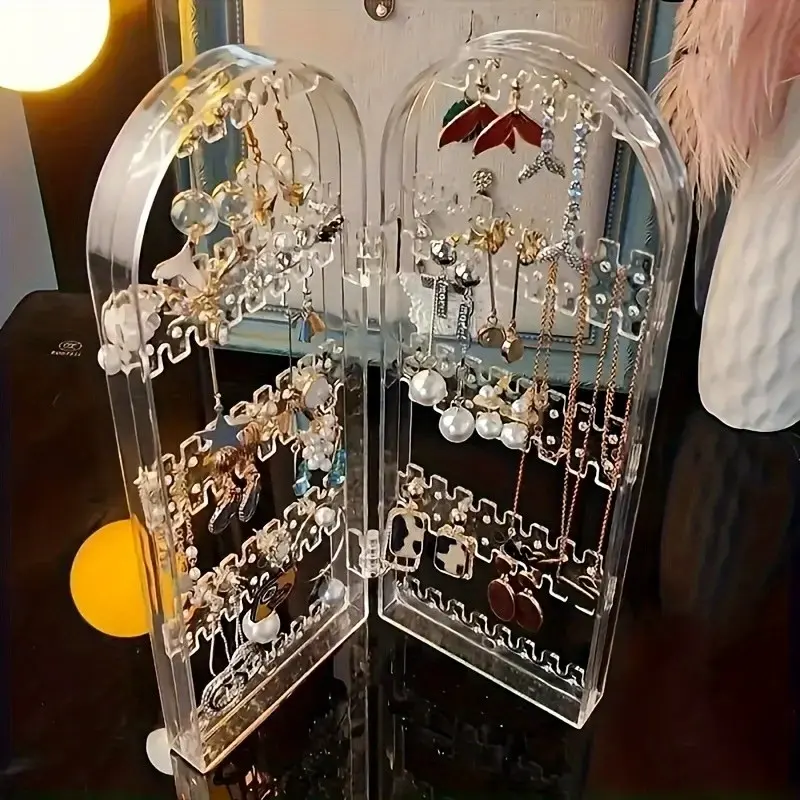Large Capacity Foldable Jewelry Display Stand with 2 Transparent Doors, Earring Rack, Personal Jewelry Organizer, 1pc