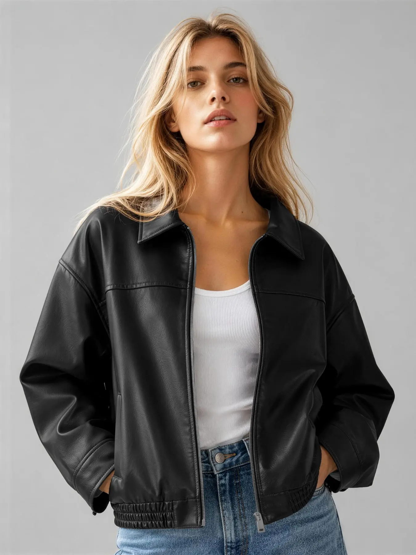 Women's Vintage Collared Zip‑Up Faux Leather Bomber Jacket, Loose Fit Windproof Water‑Repellent PU Jacket, Fall & Winter Casual Streetwear #TikTokMadeMeBuyIt #SohoChic #Outerwear