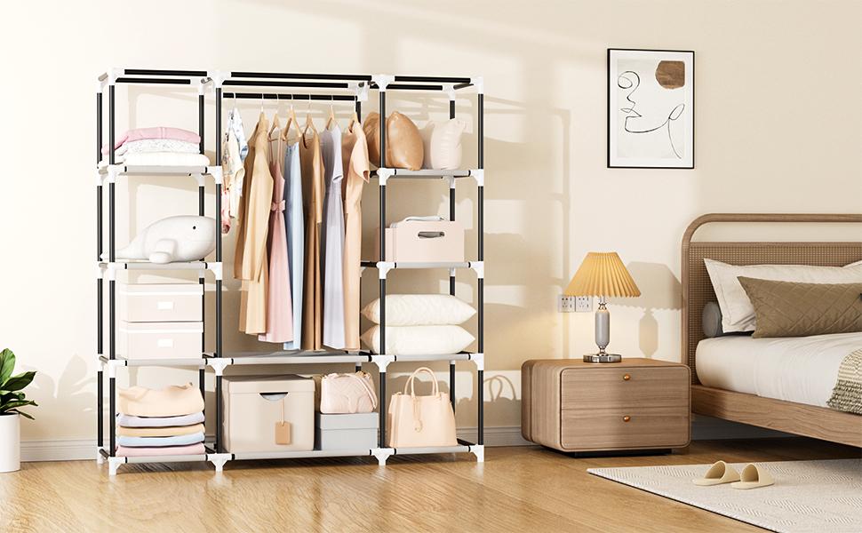 Portable Closet Wardrobe for Hanging Clothes 57.3 Inch Large Capacity Clothes Rack with Cover, 10 Storage Organizer Shelves, 1 Hanging Rods and 6 Pockets, Free Standing Closet for Bedroom, Black Portable Closet Wardrobe for Hanging Clothes 57.3 Inch Large Capacity Clothes Rack with Cover, 10 Storage Organizer Shelves, 1 Hanging Rods and 6 Pockets, Free Standing Closet for Bedroom, Black