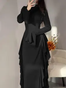 Solid-Color Flare-Sleeve Long Dress with Waist-Cinching Effect, Plain Pattern Slim-Fitting Holiday Dress for Women, Perfect for Spring and Fall