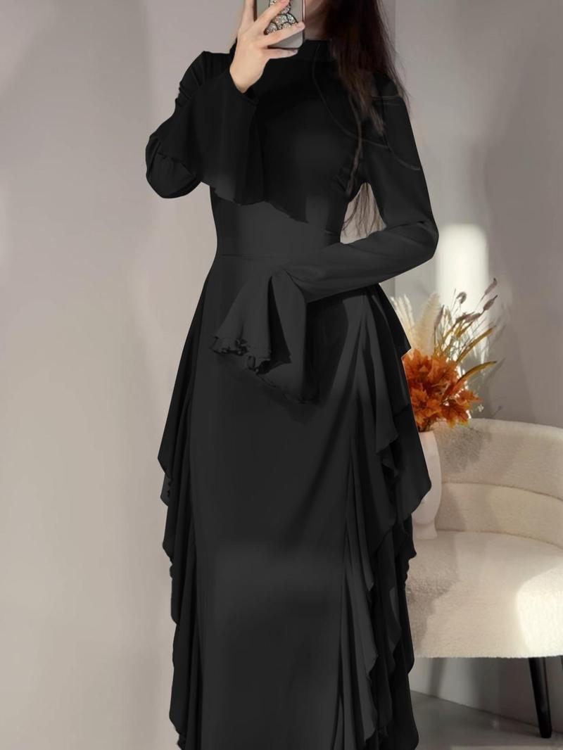 Solid-Color Flare-Sleeve Long Dress with Waist-Cinching Effect, Plain Pattern Slim-Fitting Holiday Dress for Women, Perfect for Spring and Fall