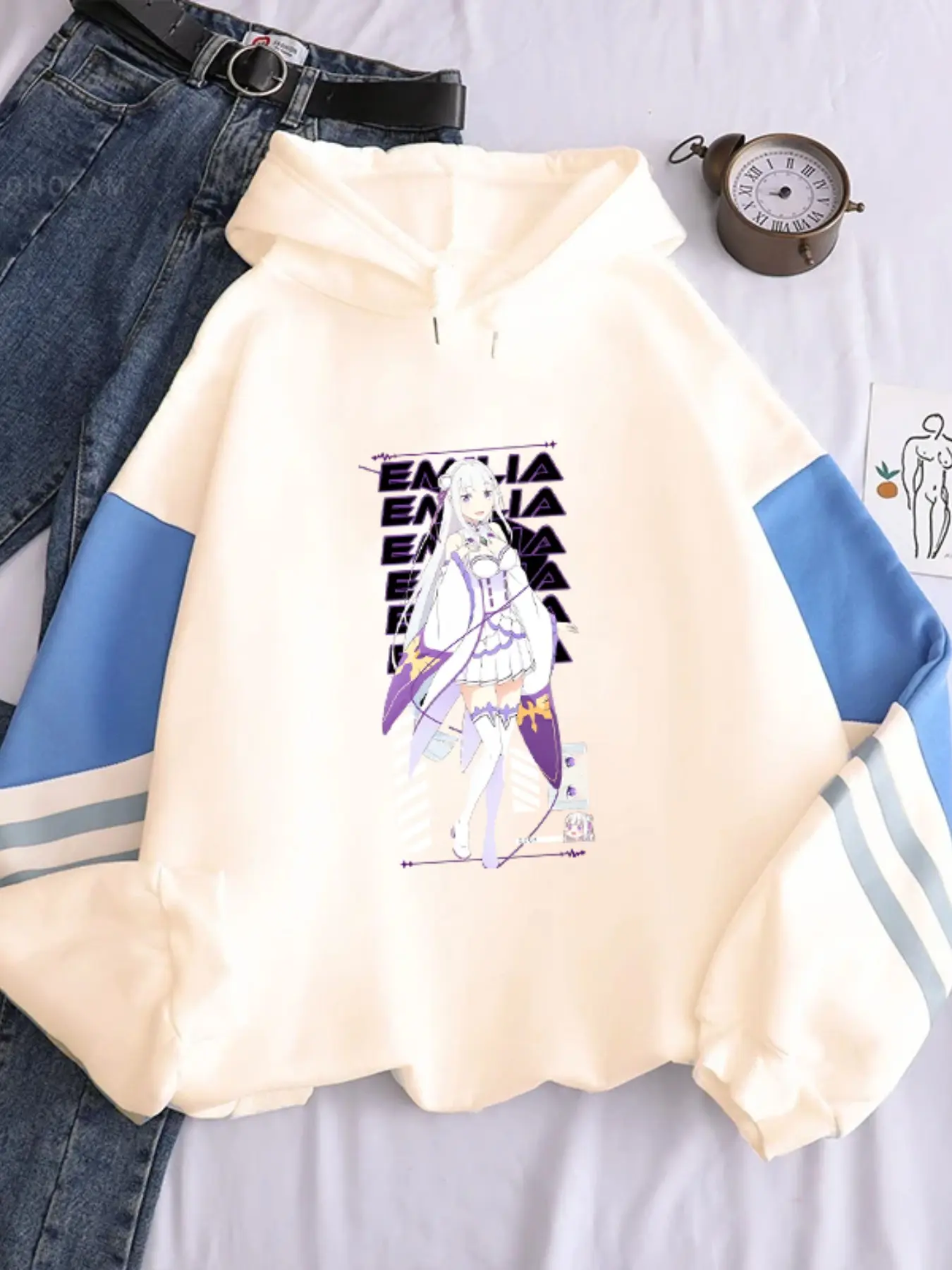 Reflective Long Sleeve Hooded Jacket, Border Emily Illustration Striped Dual Sleeves, Warm Outerwear for Fall & Winter