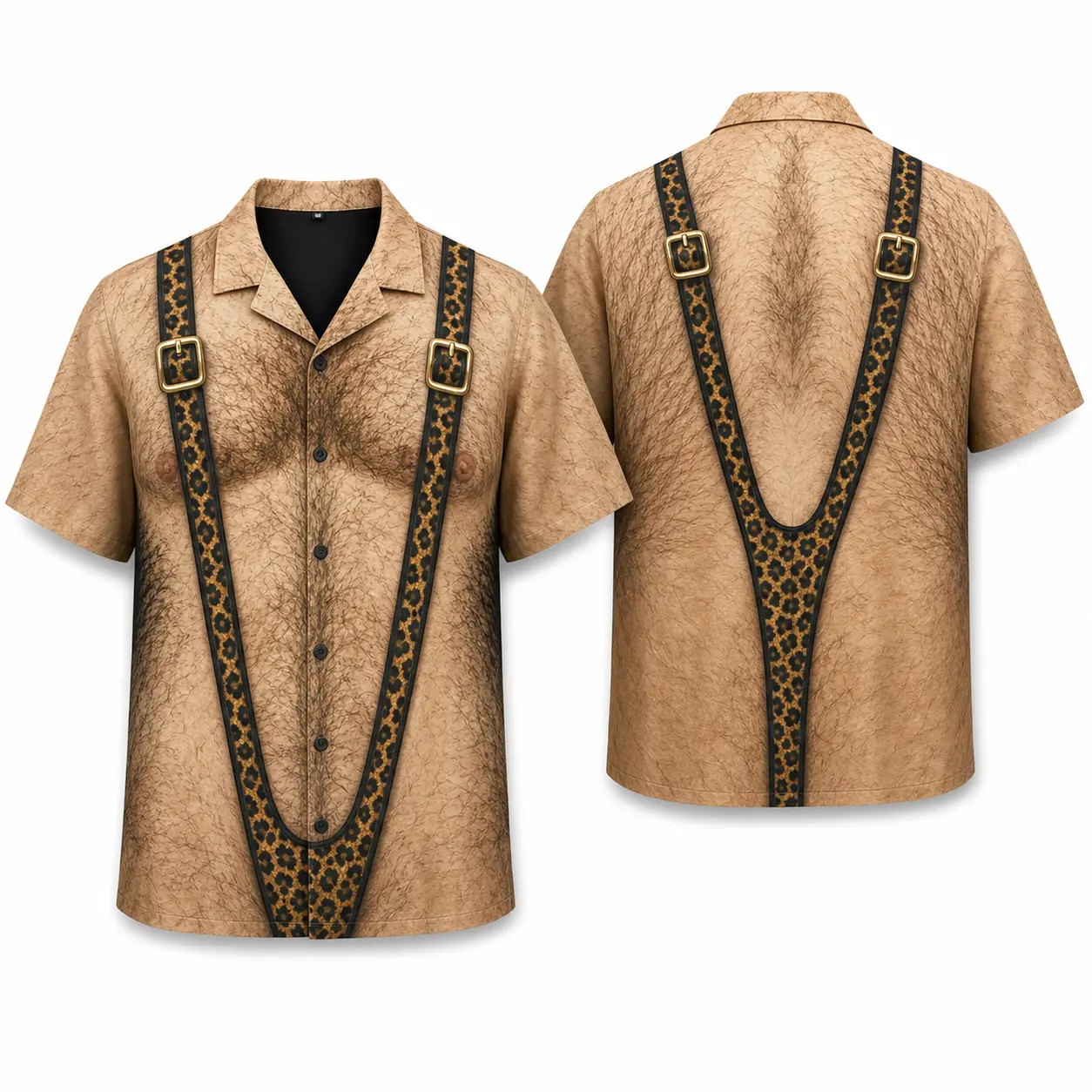 Mens Funny Faux Body Hair Hawaiian Shirt, Novelty Suspender Graphic Button Down Short Sleeve Camp Collar Shirt for Beach Vacation, Bachelor Party, BBQ, Halloween Costume, Cruise, Pool Party, Gag Gift, Summer Festival, Casual Resort Outfit Wear