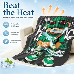 Hip Hop Teddy Bear Cooling Blanket Arc-Chill Q-Max >0.4 Cool Fiber Summer Cooling Throw, Lightweight Breathable Blanket for Hot Sleepers, Ideal for Teen Boys Bedroom & Urban Decor Lovers