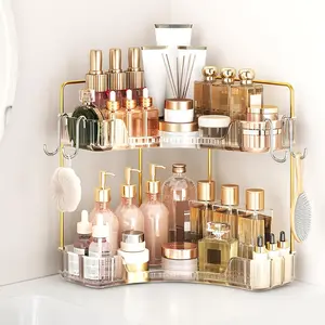 2 Tier Clear Corner Bathroom Counter Organizer Storage with Hooks for Skin Care, Exquisite Vanity Organizer for Bathroom Dresser Kitchen