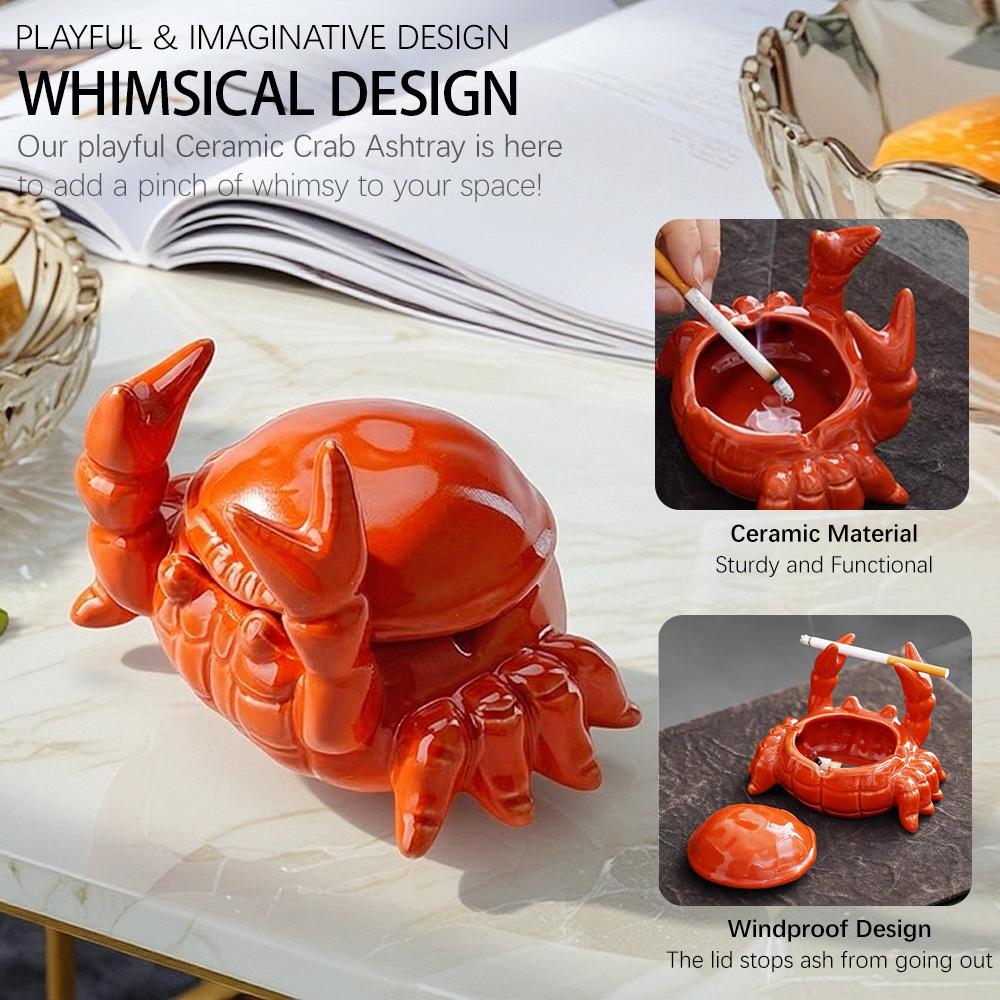 Cute Ceramic Crab Ashtray with Lid - Windproof Ash Tray for Indoor & Outdoor Patio Porch - Creative Desk Ornament for Office & Home Decor - Unique Adorable Birthday & Christmas Gift Idea for Smokers, Men & Women