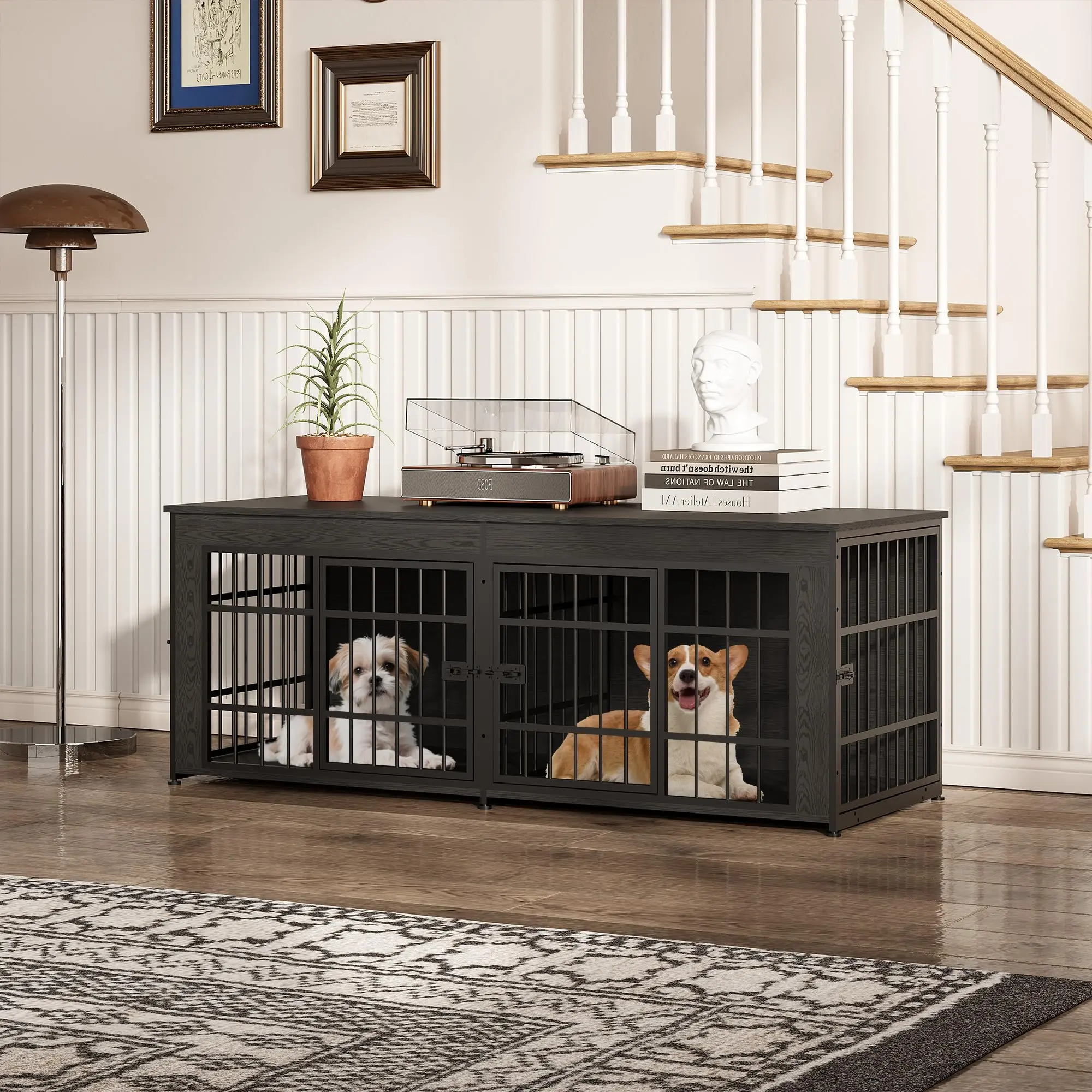 63" Heavy Duty Dog Crate Furniture, Dog Cage Furniture with Divider, Wooden Kennel Indoor TV Stand & End Table for Large/Medium Dogs