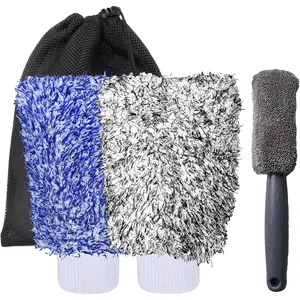 Pro  Wash Mitt & Brush Kit: 2 Ultra Plush Chenille Mitts & Wheel Brush | Holds 10oz Water, Scratch-Free, Machine Washable | Includes Storage Bag