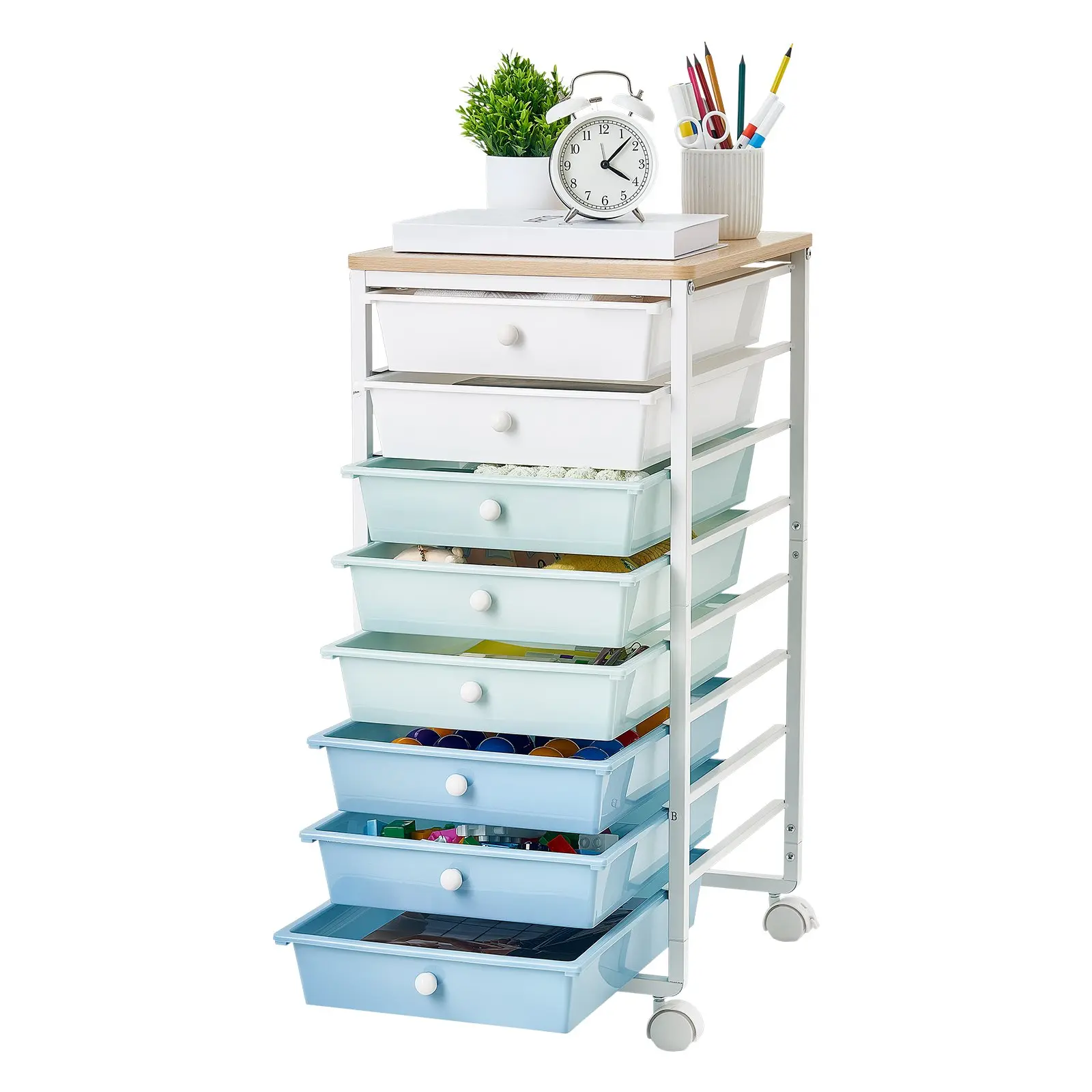【Black Friday】VEVOR 8-Drawer Rolling Storage Cart, Wooden Top Steel Frame Mobile Utility Cart with 2-Brake Universal Casters, for Office, Classroom, Craft Supplies Organization