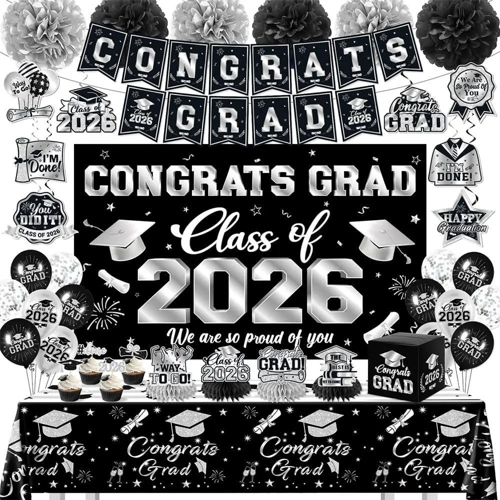 Class of 2026 Graduation Decorations Kit, Elegant Black and Silver Party Supplies with Photo Backdrop, Banner, Balloons, and Card Box for High School or College Grad Parties, Gift, Black Silver, Fade Resistant, 14 Graduation Balloons