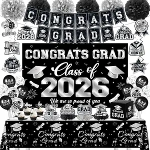 2026 Graduation Decorations Kit - Black and Silver Class of 2026 Party Decor with Congrats Grad Banner Backdrop Hanging Swirls Paper Pompoms Balloons for High School College Graduation Party Supplies