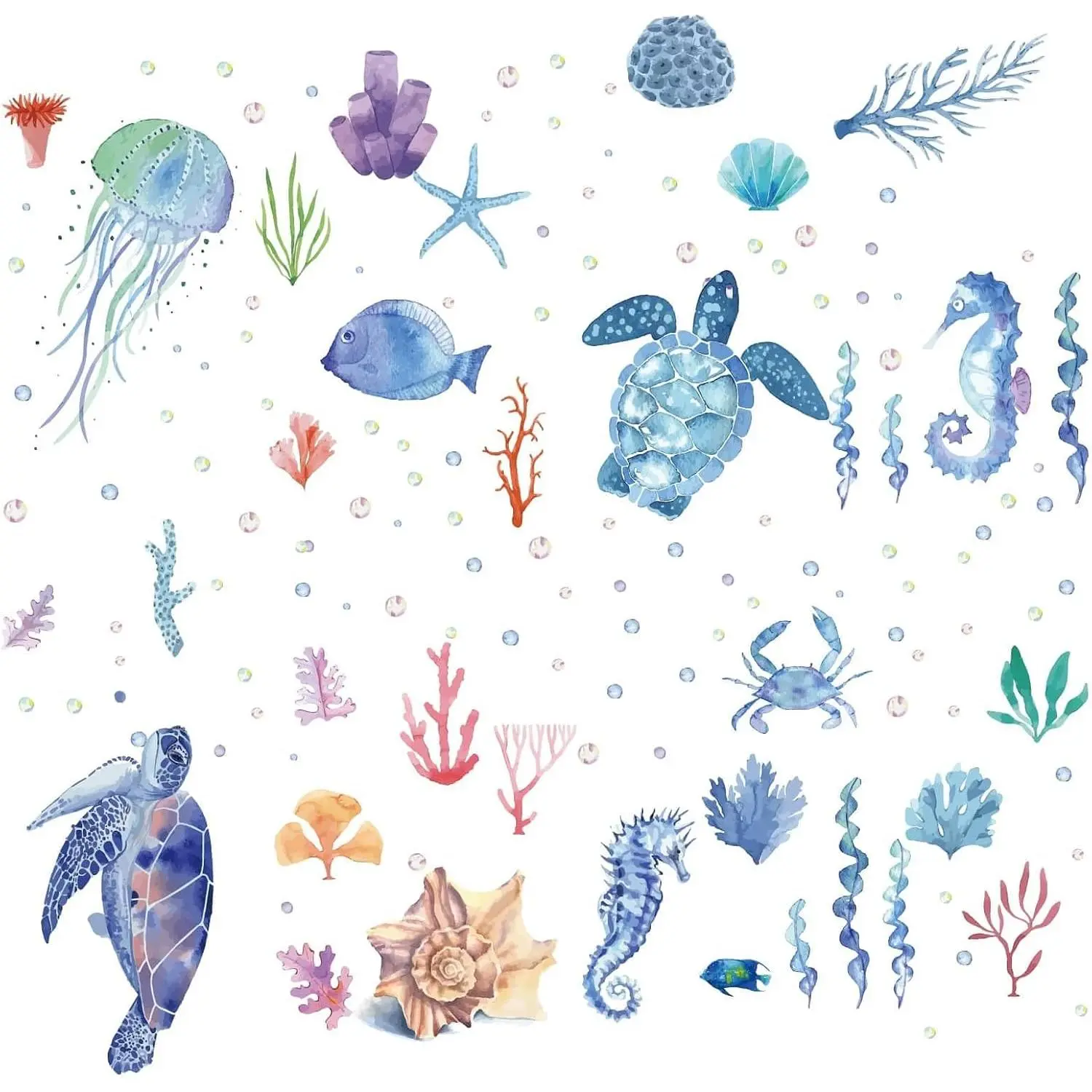 8 Sheets Sea Life Window  Stickers  Turtle Seahorse Jellyfish Starfish Coral Summer Wall Clings Sticker PVC Self-Adhesive Peel and Stick for  Bedroom    Bathroom