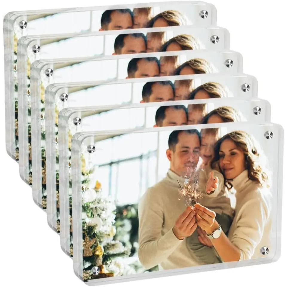 6 Pack 4x6 Double-Sided Clear Magnetic Picture Frames for Refrigerator, No Residue Acrylic Frames for Desktop Display, Ideal Gift