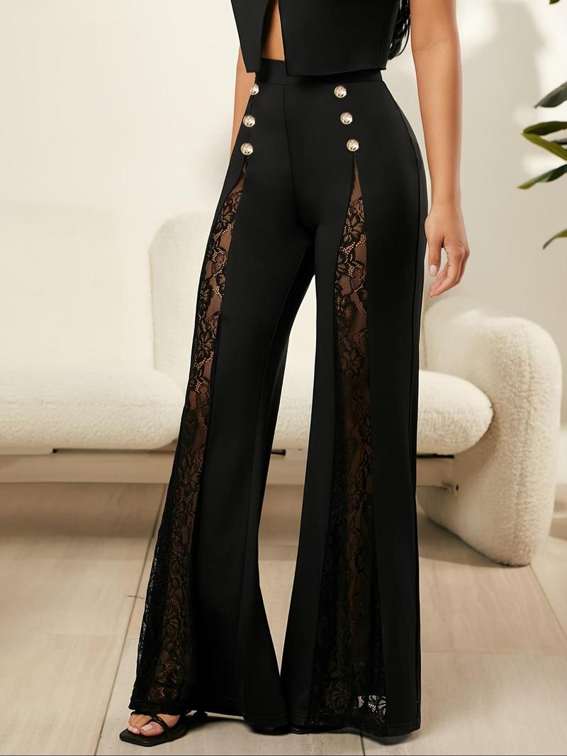Women's Solid Button Decor Semi-sheer Wide Leg Pants, Elegant Fashion Chic Formal Casual Trousers for Daily Outdoor Wear, Women Bottoms for Summer, Loose Palazzo Pants, Wideleg Pants, Modesty Trousers