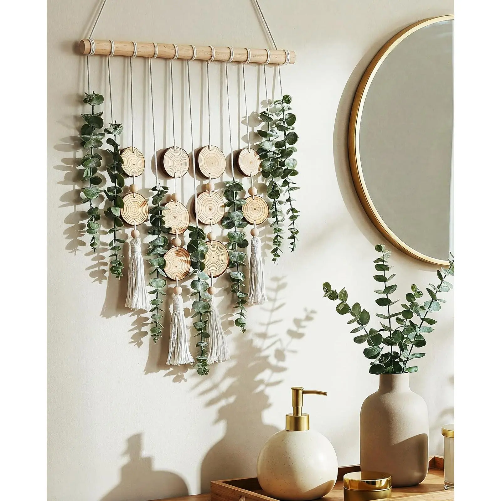 Boho Artificial Eucalyptus Wall Decor Hanging - 33.1 in Nature-Inspired Lightweight Fake Greenery with Wood Slices, Tassels, Leaf Pattern, Rustic Farmhouse Wall Accent for Home Decor (Bathroom, Bedroom), Ideal Gift for Everyday Use