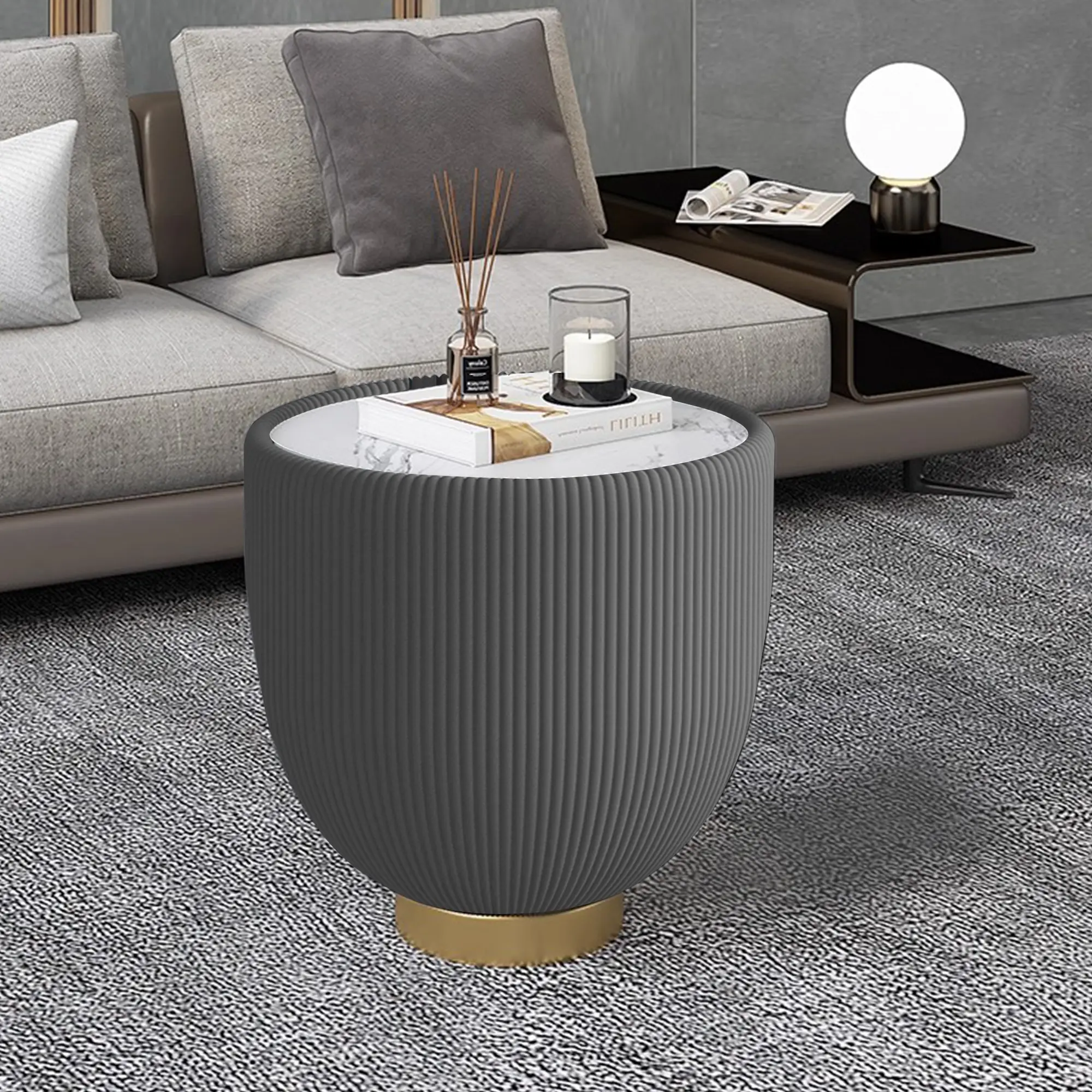 ARCH Modern Round Sintered Stone Top Sofa End Table - Leather Edge, Metal Base, Unique Grey Pattern, Indoor Accent Piece, Luxurious Home Decor for Living Room, Easy to Clean with Soft Cloth, Apartment Lounge Furniture