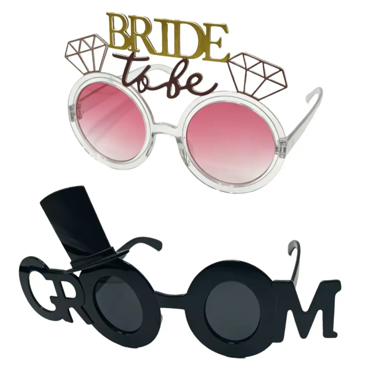 Bride & Groom Wedding Glasses Set, Romantic Bride Style, Diamond Frame, Gradient / Lenses, Photo Booth Props, Bridal Accessories