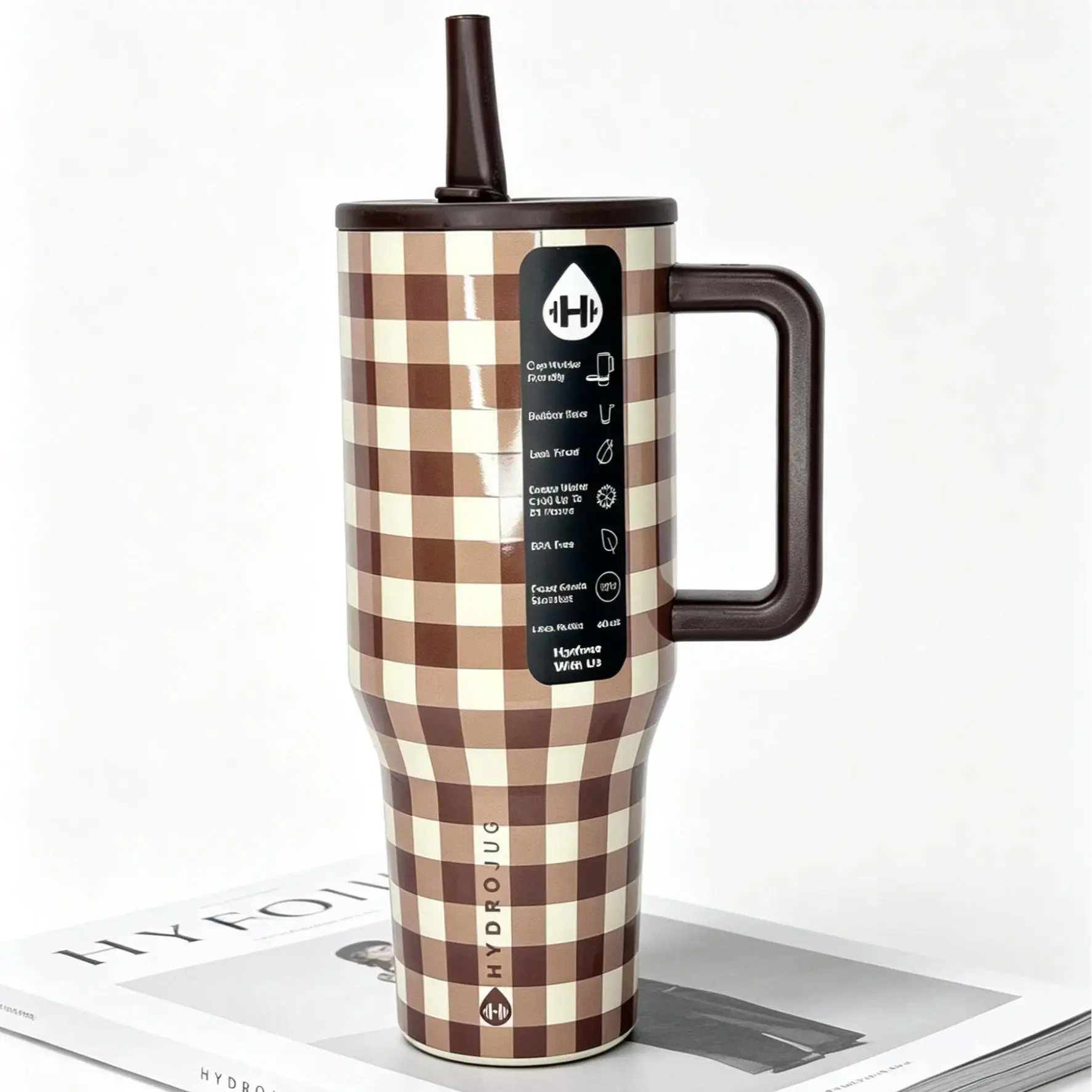 HydroJug 40oz Brown Gingham Plaid Insulated Stainless Steel Water Bottle - BPA-Free, Leakproof Drinkware with Handle, Straw, 24H Cold Retention, Car Cup Holder Compatible, Water Bottles