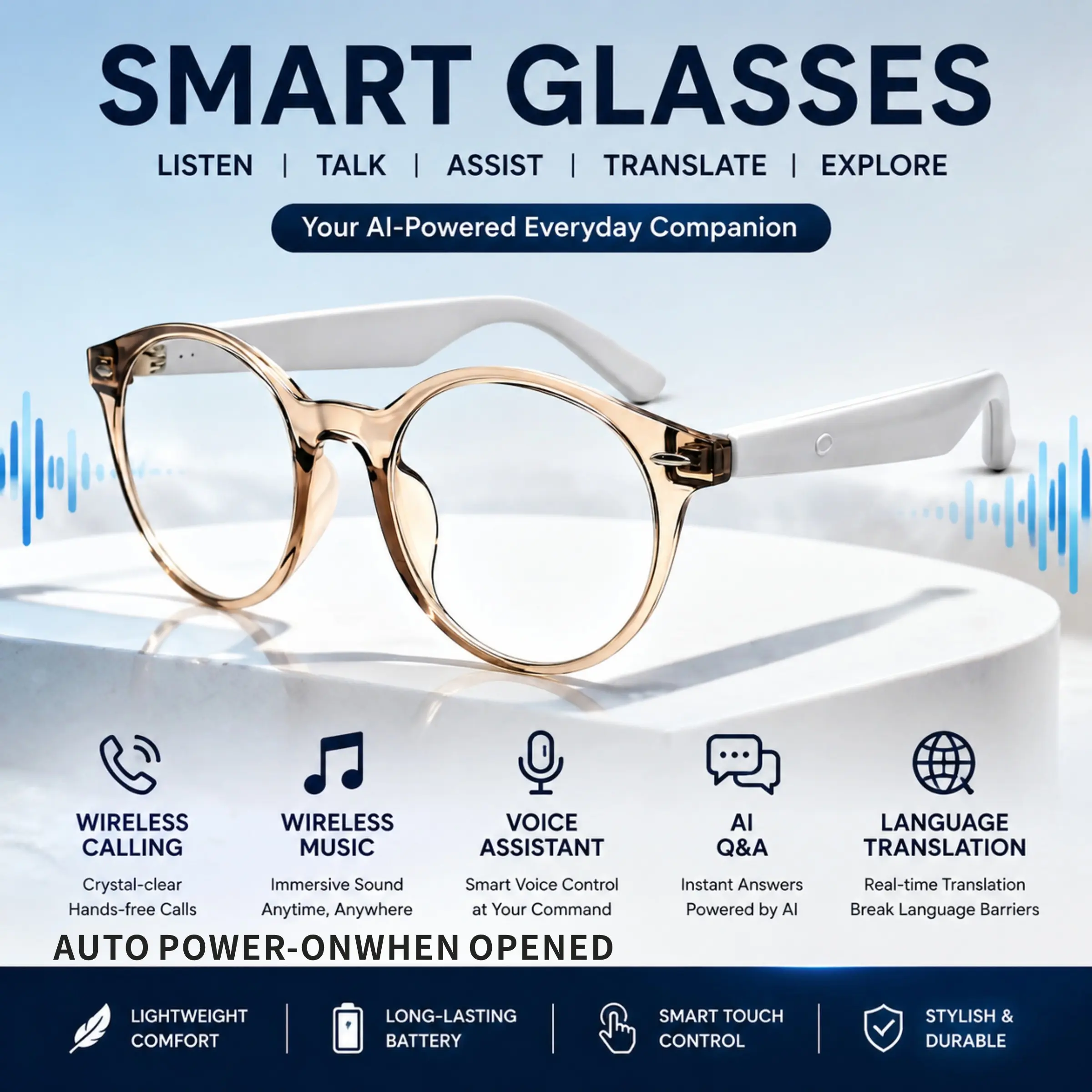 SENBONO 2026 wireless calling smart glasses, wireless 5.4, wireless calling and music playback, rechargeable, high fidelity sound quality, exquisite appearance design, hundred answer model, touch control, exquisite packaging, excellent gift selection
