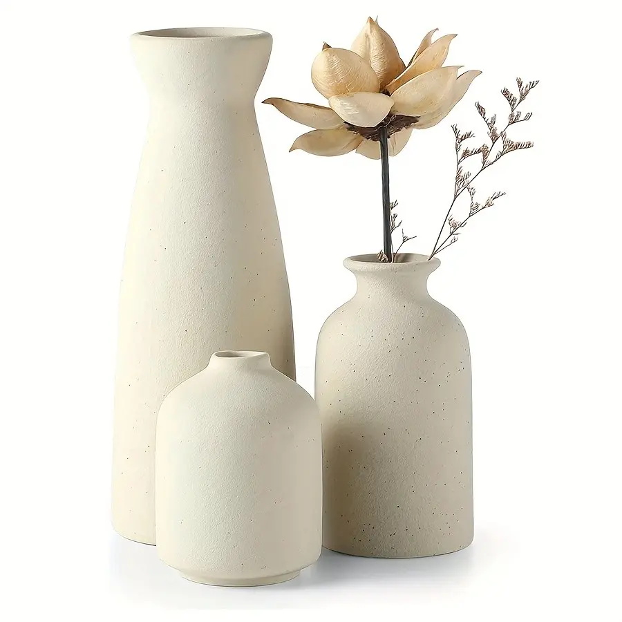 3-piece ceramic vase set, Decorative Vases For Home Decor, Flower vases for centerpieces, Bohemian farmhouse home decoration suitable for reed grass and dried flowers, tabletop, bookshelf, entrance vase in distressed style, gift