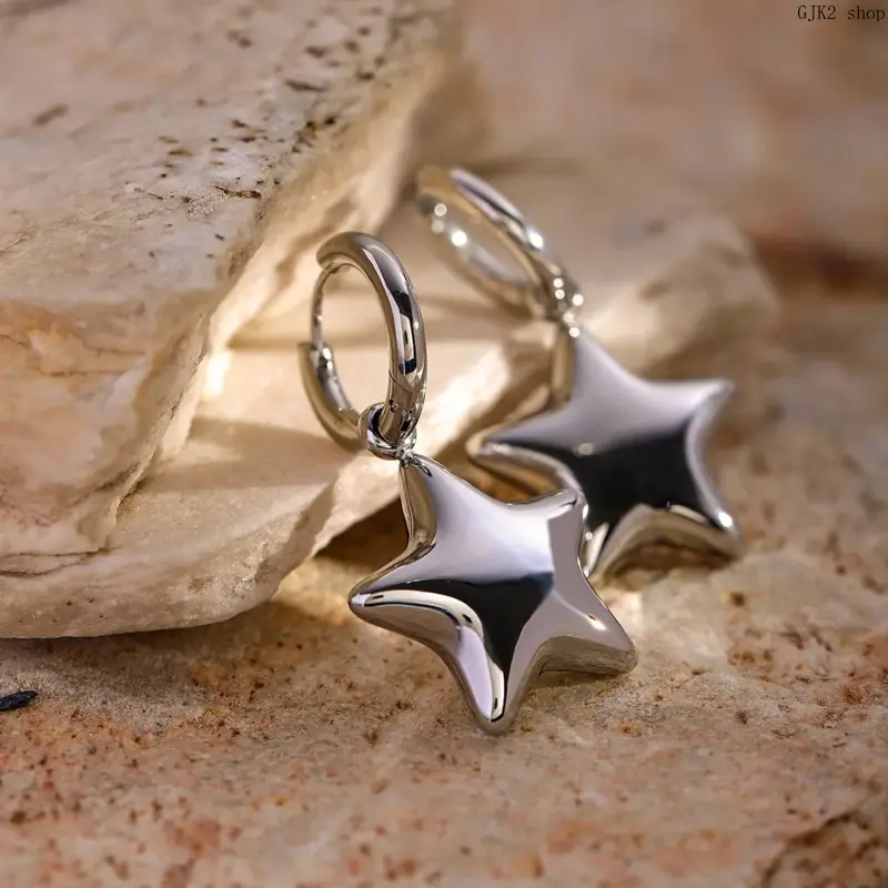 2 Colors Silver Gold Puffy Star Hoop Earrings, Chunky 3D Smooth Five Pointed Star Huggie Drop Earrings, Minimalist Glossy Metal Star Dangle Earrings, Trendy Daily Statement Jewelry Gift for Women Girls