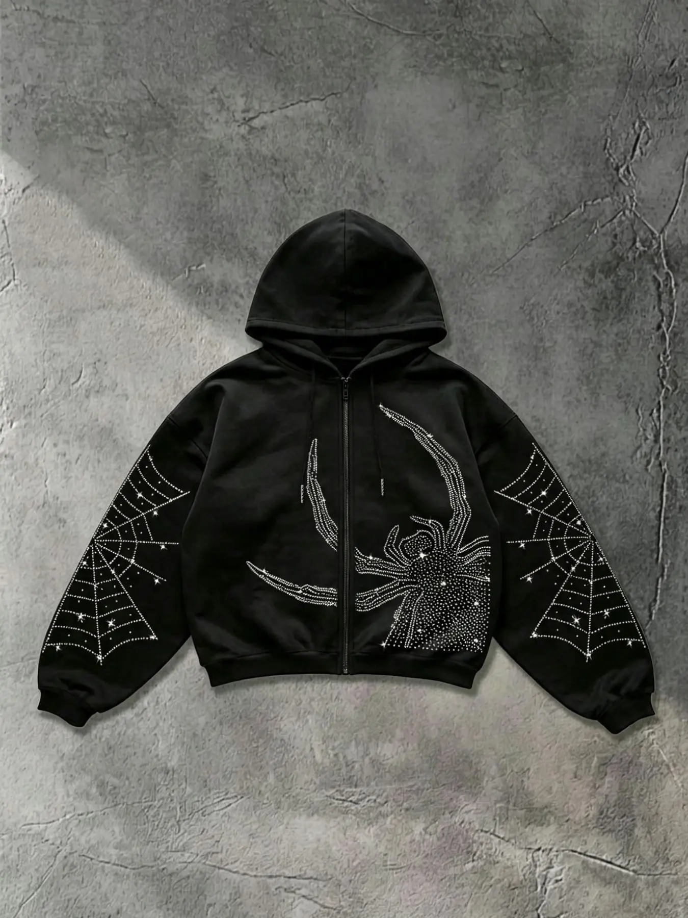 Men's Black Zip‑Up Cropped Hoodie, Spider & Cobweb Rhinestone‑Effect Printed Graphic Long Sleeve Jacket, Loose Drop Shoulder Y2K Goth Streetwear Hooded Top, Trendy Printed Hoodies for Daily Outing Party Dating Shopping Vacation Street Casual Outfits, Styl