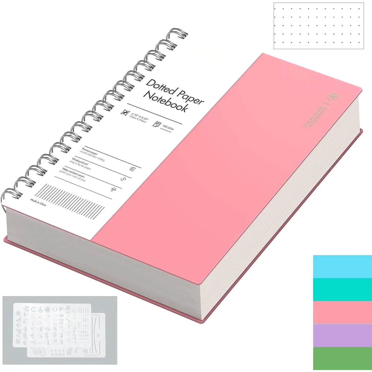 Dotted Journal Spiral Notebook, 300 Pages, A5 Small 5.7"x8.22", 100 GSM Thick Paper, Flexible Plastic Cover, 5mm Dot Grid Notebook for Journaling, Planning, Drawing, Writing,