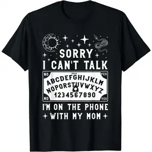 Women's Casual Ribbed Seamless Short-Sleeve Ouija Board T-Shirt - "Sorry I Can't Talk I'm On The Phone With My Mom" Graphic Tops