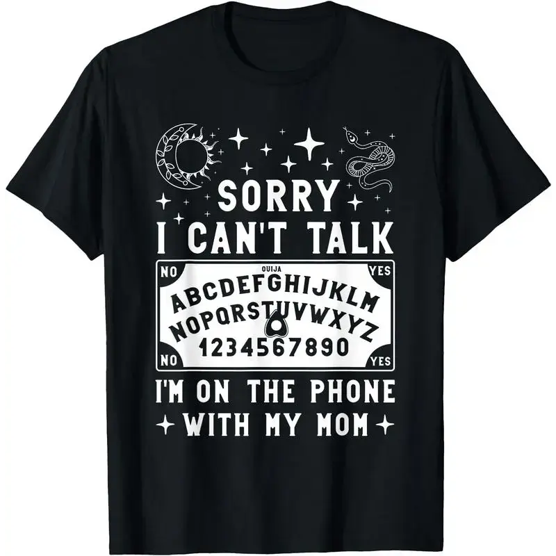 Women's Casual Ribbed Seamless Short-Sleeve Ouija Board T-Shirt - "Sorry I Can't Talk I'm On The Phone With My Mom" Graphic Tops