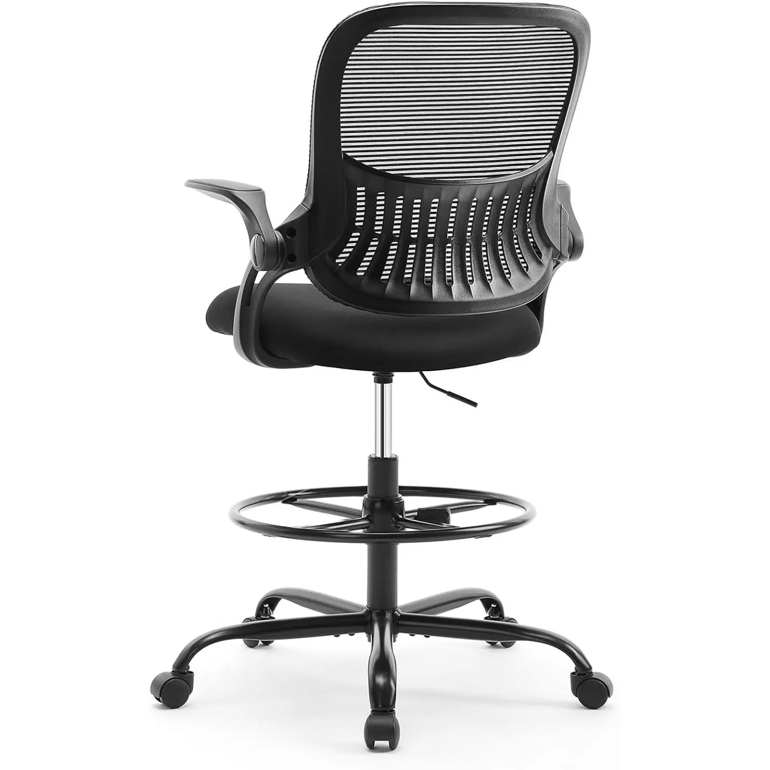 Tall Drafting Desk Chair - Ergonomic High Stool Computer with Adjustable Height and Comfy Lumbar Support, Office Rolling Counter with Flip-up Arm and Footrest, Black