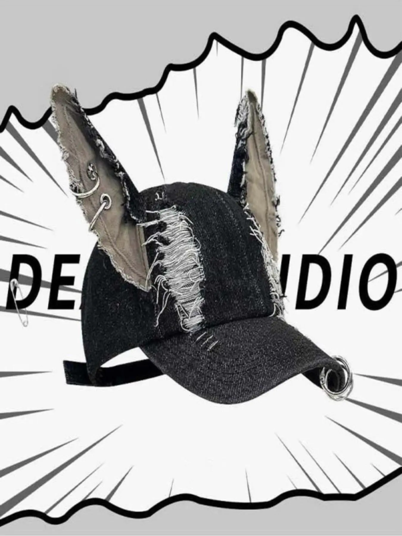 Vintage Ripped Wolf Ear Baseball Cap, Animal Hats, Y2K Punk Style Metal Ring Pin Decor, Unisex Streetwear Accessory, Perfect Gift for Holidays