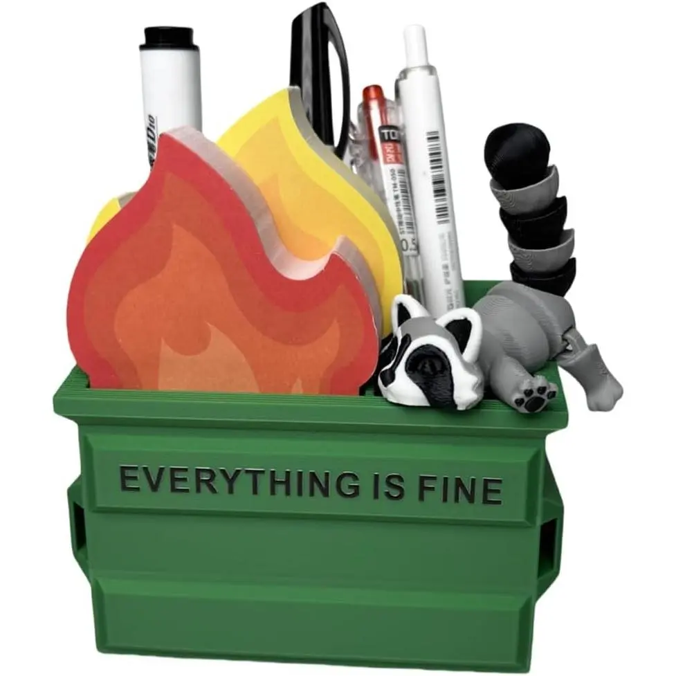 Funny Garbage Can Fire Pen Holder with 300 Sticky Notes – Cute Desk Organizer for Office, White Elephant Gag Gift for Coworkers, Men, Women – Unique Office Supplies & DecorGift