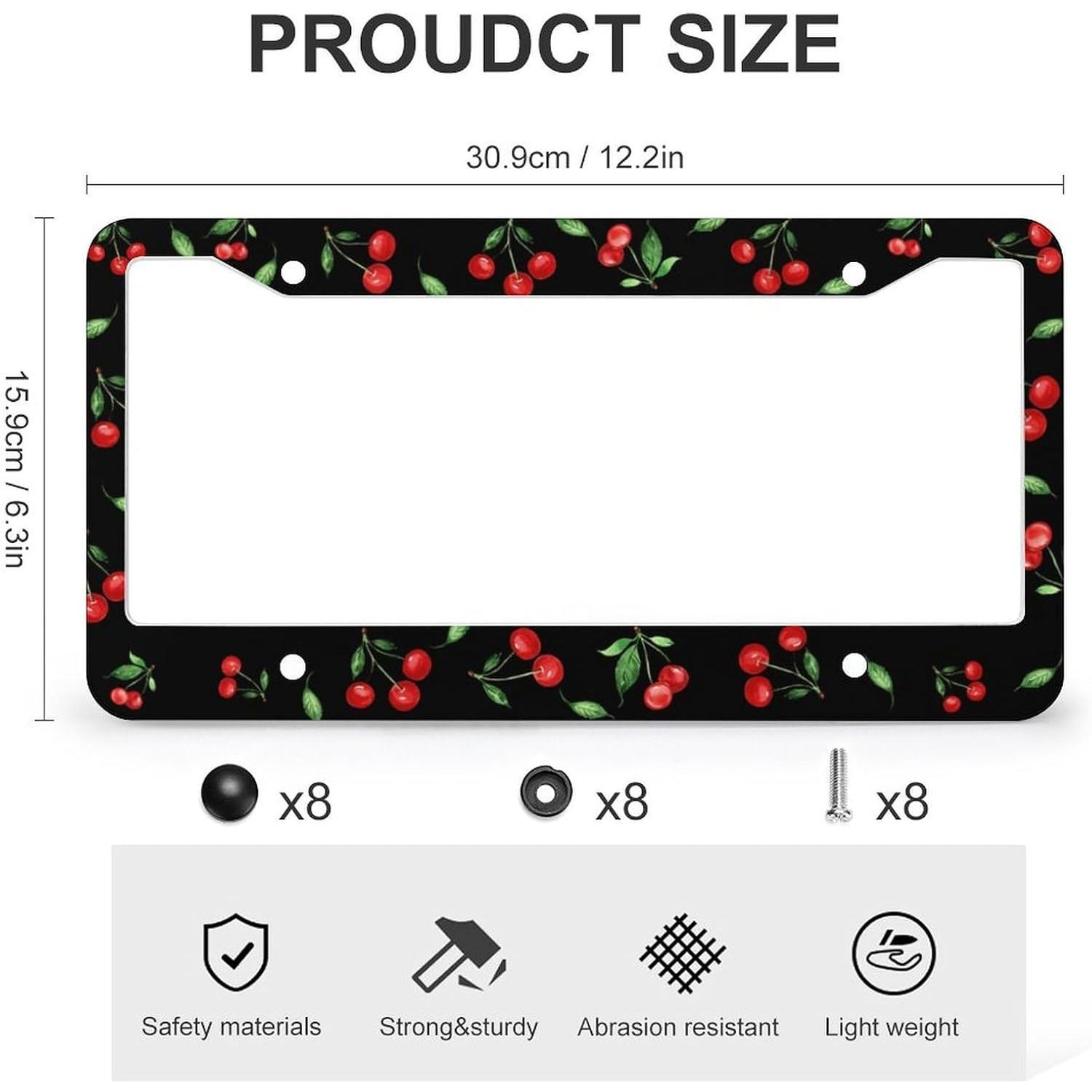 Cherry License Plate Frames & Little Red Cherries Steering Wheel Cover Aluminum License Plate Covers Anti-Slip Breathable Steering Wheels Protector with Screws Fasteners Caps for Men Women