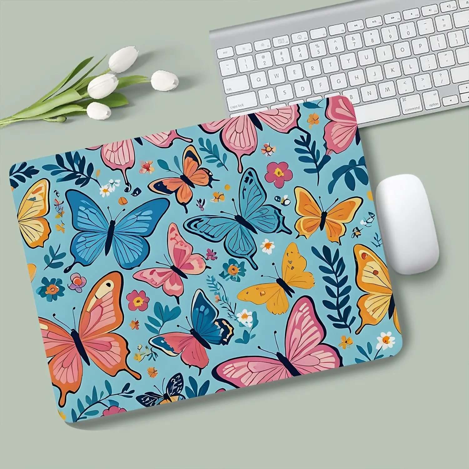 Anime Light Blue Floral Butterflies Mouse Pad - Protective Mat for Desktop, Suitable for Office Gaming Use, Desk Surface