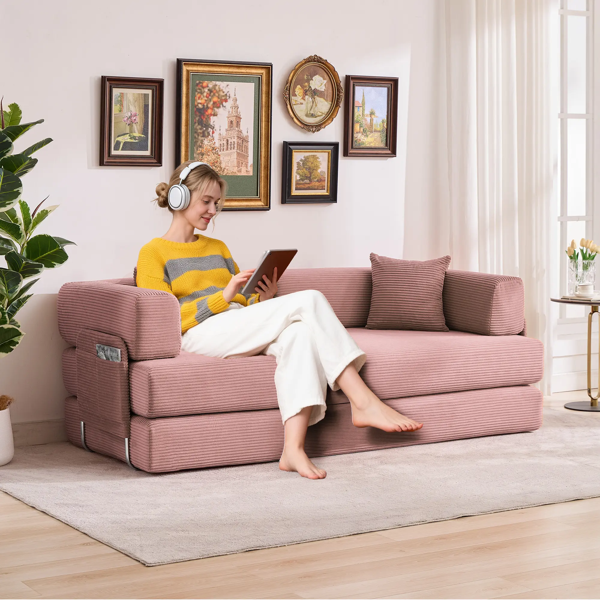 Garvee 3-in-1 Convertible Floor Sofa Bed, 78.8" Collapsible Sleeper Futon Couch - Modular Design - Pillows Included - Armrests & Backrest - Guest Bed for Living Room/Bedroom - Orange
