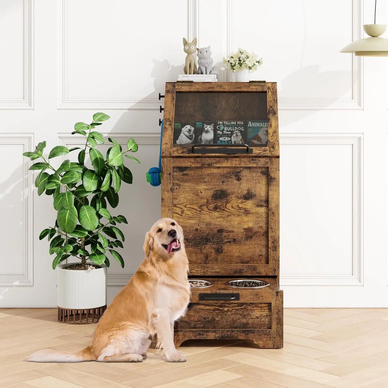 Gaomon Brown Dog Feeding Station - Single Unit with 2 Elevated Bowls, Flip Top Food Storage Cabinet, Storage Organizer, Left Hook, Organizes Toys, Reduces Dog Stress
