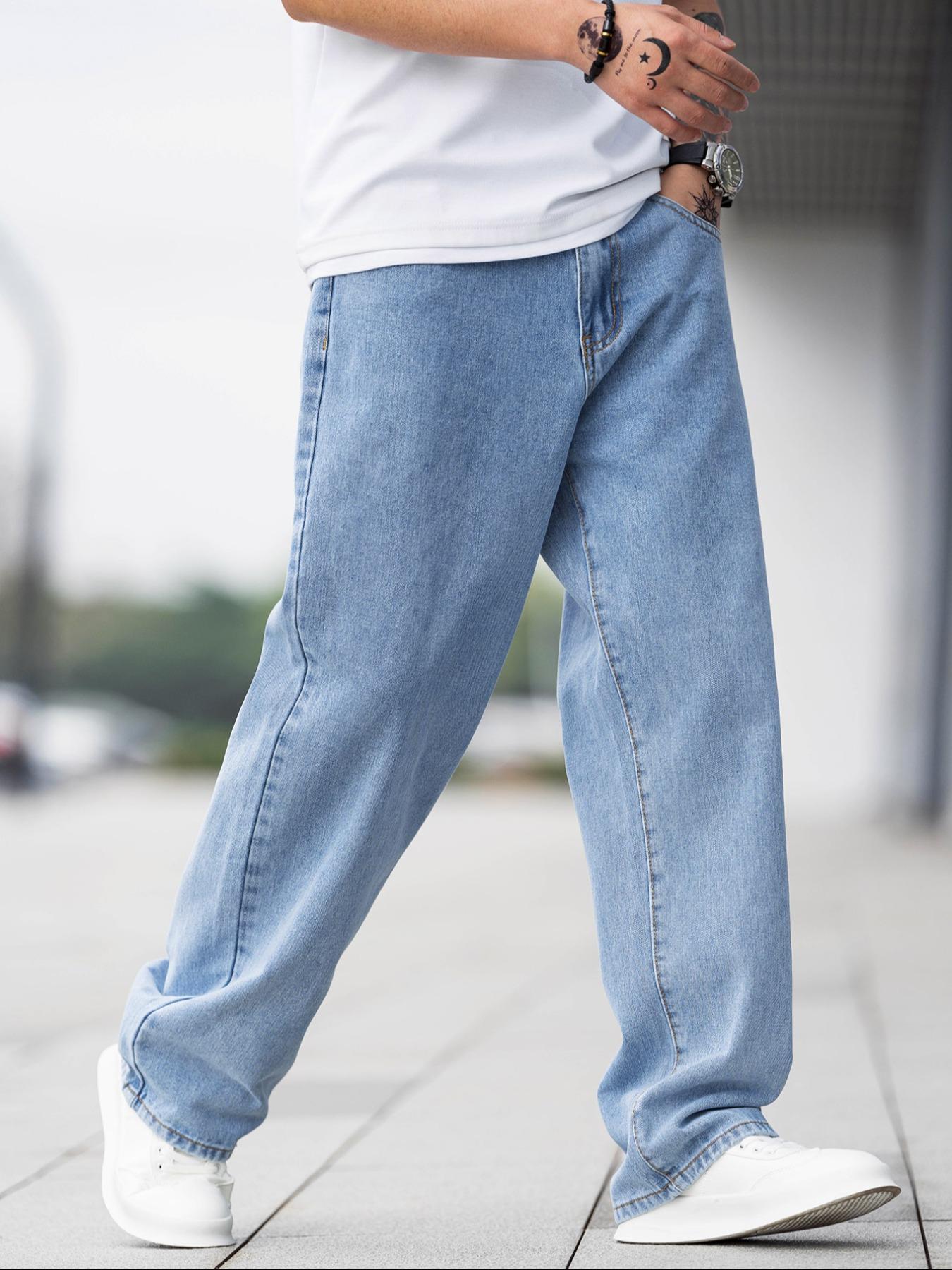Men's Solid Color Wide Leg Jeans, Loose Casual Comfy Denim Trousers for Daily Wear, Fashion Men's Bottoms for All Seasons