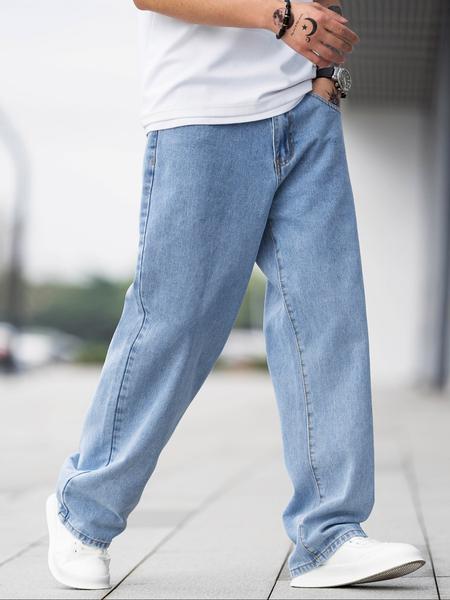 Men's Solid Color Wide Leg Jeans, Loose Casual Comfy Denim Trousers for Daily Wear, Fashion Men's Bottoms for All Seasons