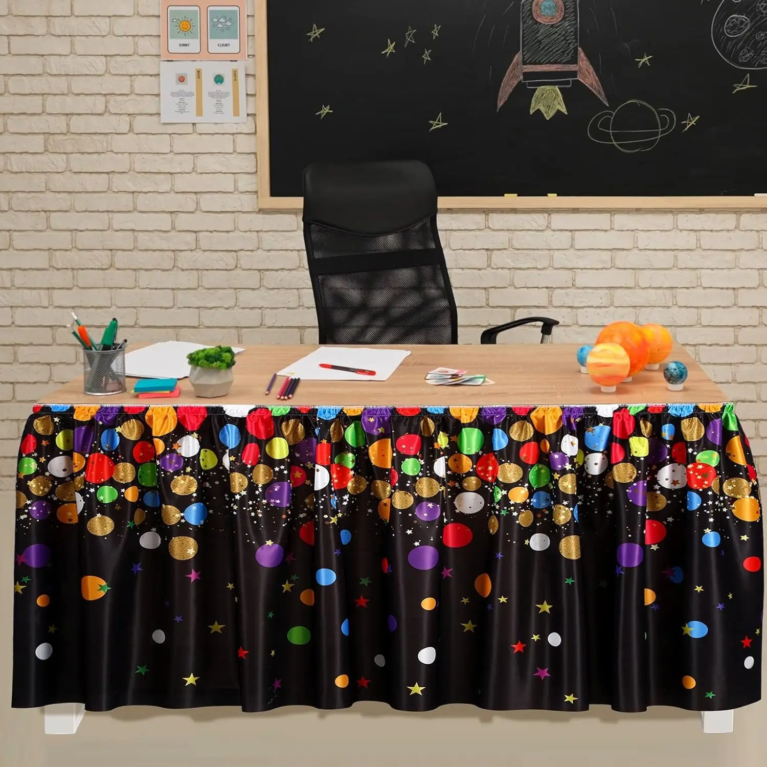 1pc Teacher Table Confetti Skirt, Multicolor Back-To-School Classroom Decor, Colorful Dot Star Pattern Fabric Tablecloth, Bohemian Party Supplies