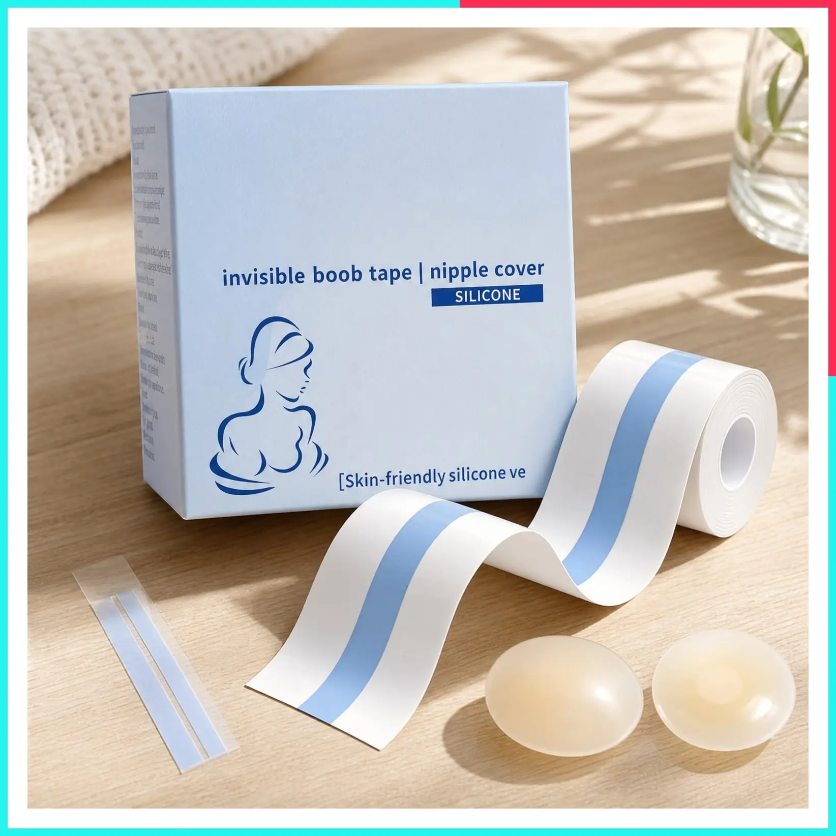 Invisible Clear Waterproof Push-Up Breast Lift Tape for Large Breasts, Soft Body Bra Tape with Reusable Washable Silicone Nipple Covers, Fits A-G Cups, Ideal for Strapless Dresses