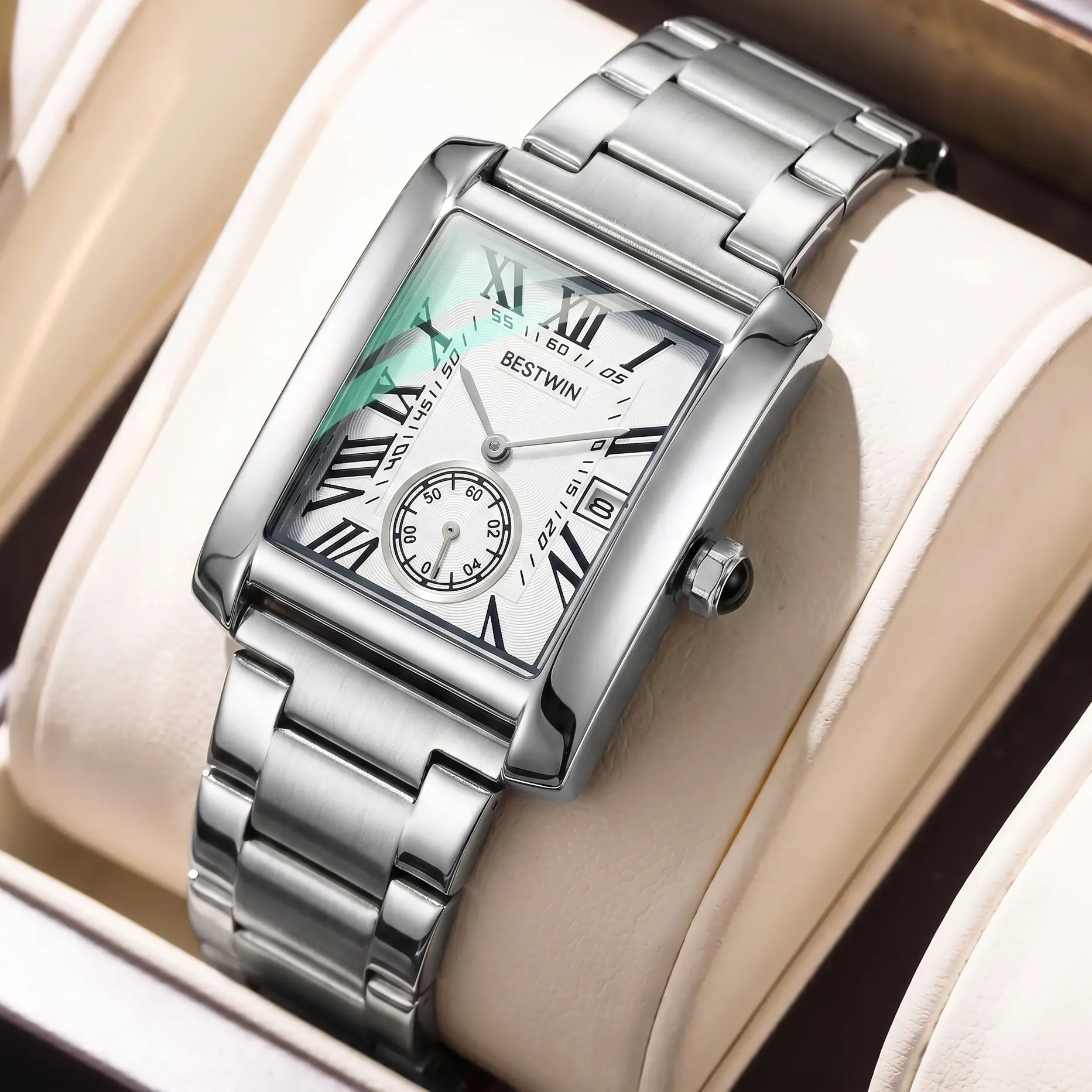 Men’s Silver Square Quartz Wristwatch, Roman Numeral Dial Small Seconds Date Display Stainless Steel Bracelet Watch, Classic Business Waterproof Dress Watch For Gentlemen, Cheap Watches That Look Expensive, Ideal Birthday Anniversary Gift For Him