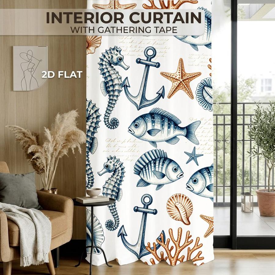 2 Pcs Nautical Themed Ocean Seahorse Fish Shell Anchor Pattern Sun Blocking Curtains Digital Printed Rod Pocket for Bedroom Office Kitchen Living Room Study Home Decor